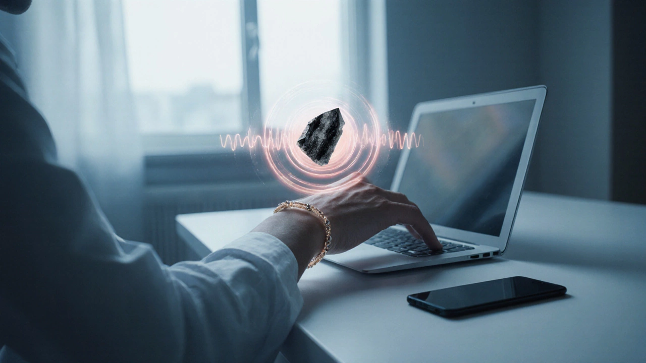 Человек в браслете из чёрного турмалина, вокруг него — невидимые инфракрасные волны от устройства.