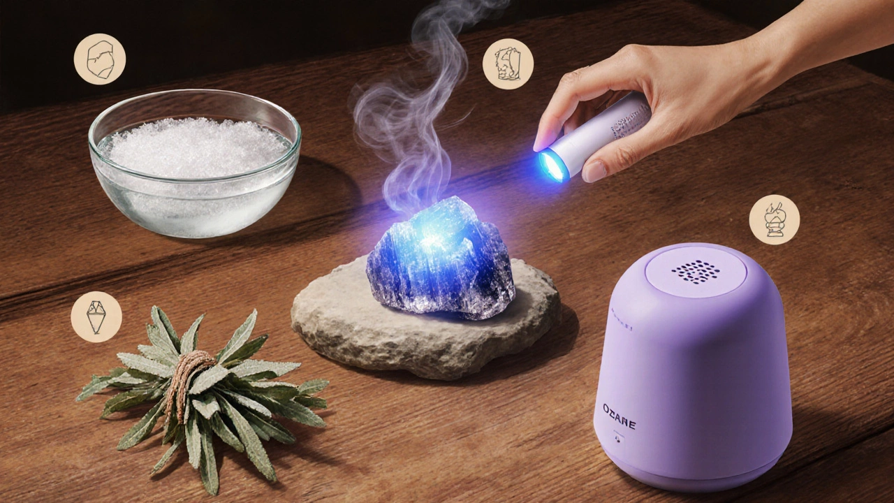 Иллюстрация четырёх способов очистки турмалина: соль, УФ, дым, озон.