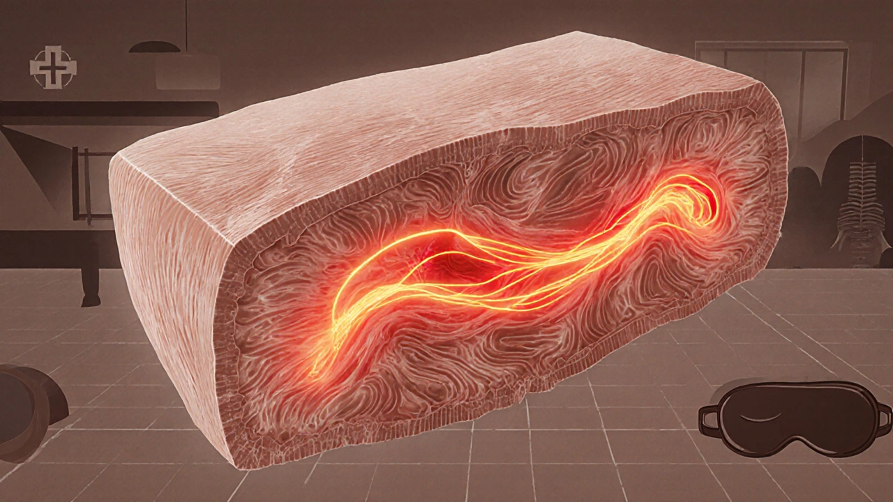 Схема мышечной ткани с инфракрасным излучением турмалина, улучшающим кровоток.