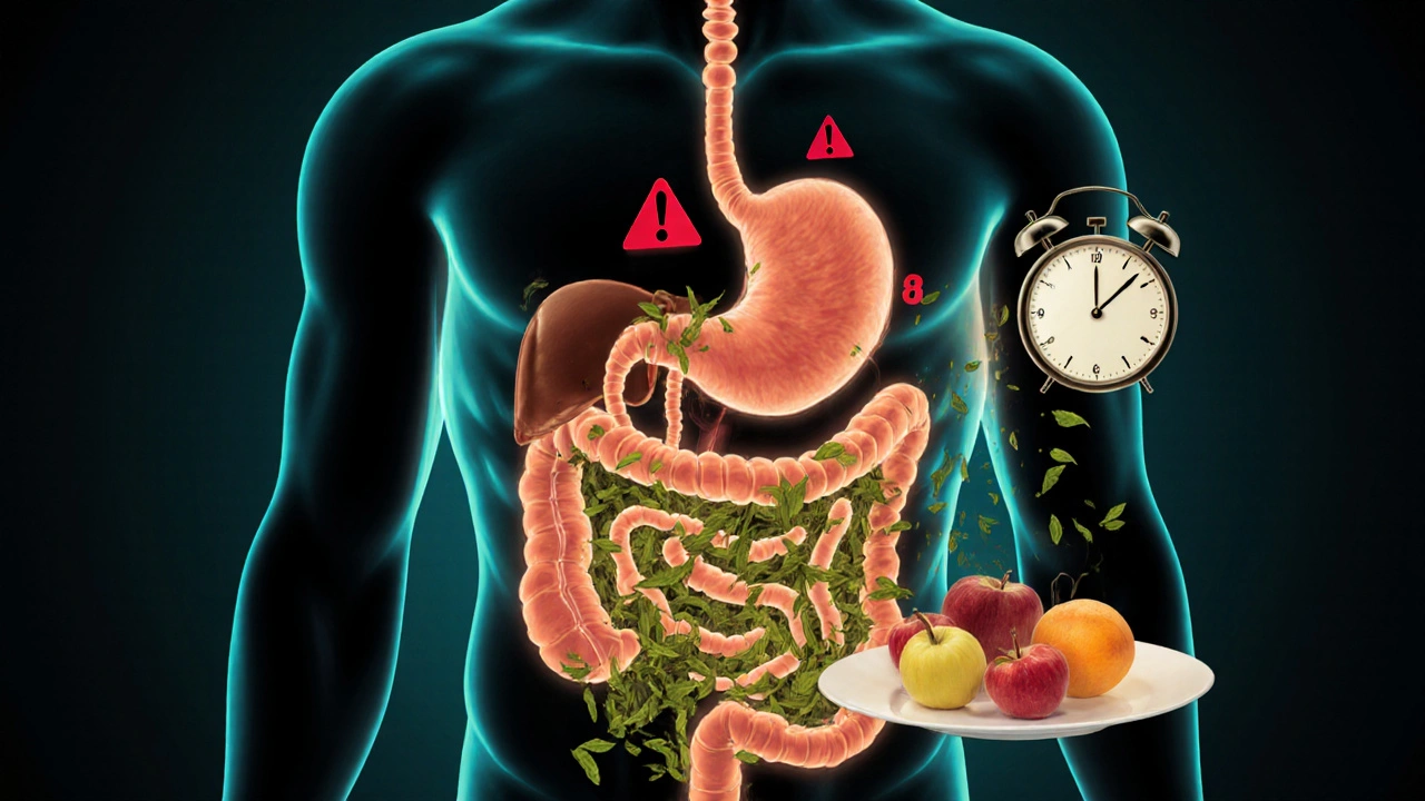 Схема пищеварительной системы с травами, вызывающими раздражение желудка.