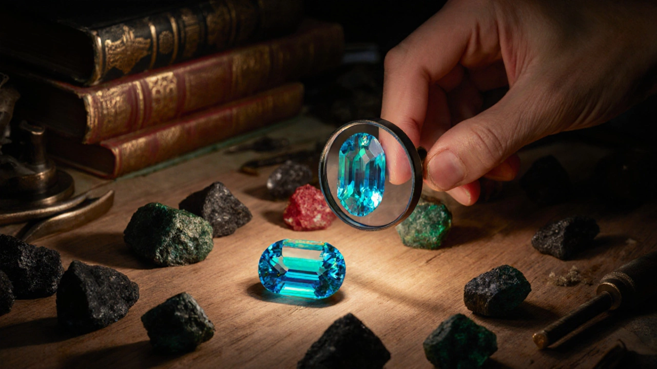 Ювелир с лупой рассматривает ярко-синий параибский турмалин на деревянной доске.
