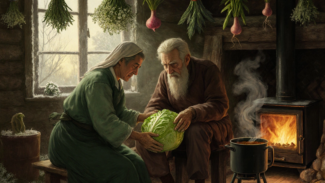 Целитель прикладывает капустный лист к колену, вокруг — сушеные травы и чайник.