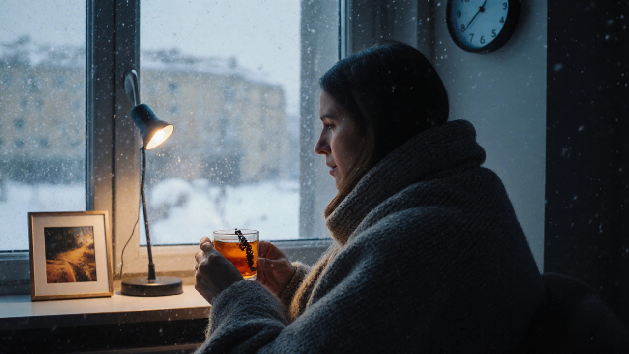 Человек пьёт имбирно-куркуминовый чай у окна в Санкт-Петербурге зимой, за окном идёт снег, на фоне — тёплый свет лампы.