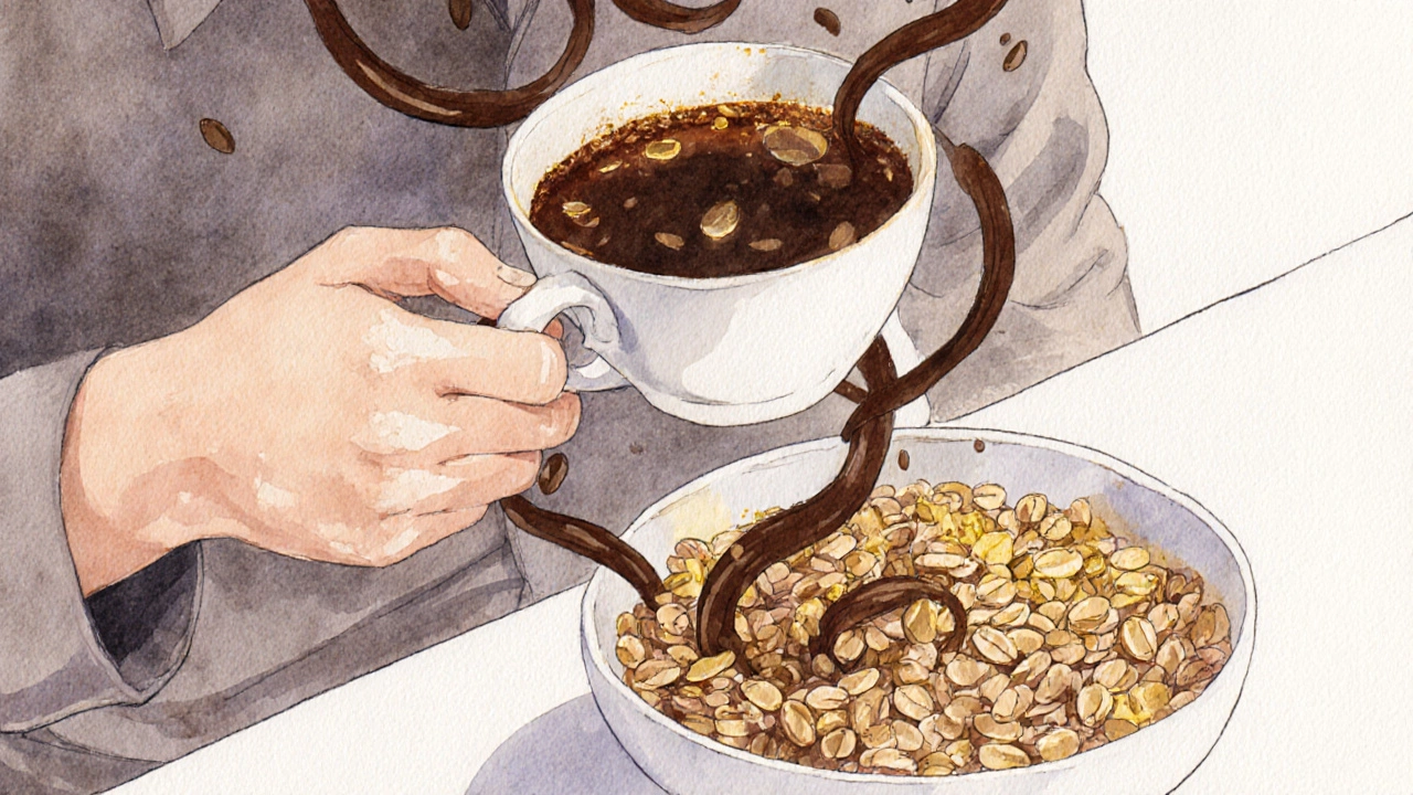 Человек пьет кофе рядом с зернами, темные потоки блокируют усвоение цинка.