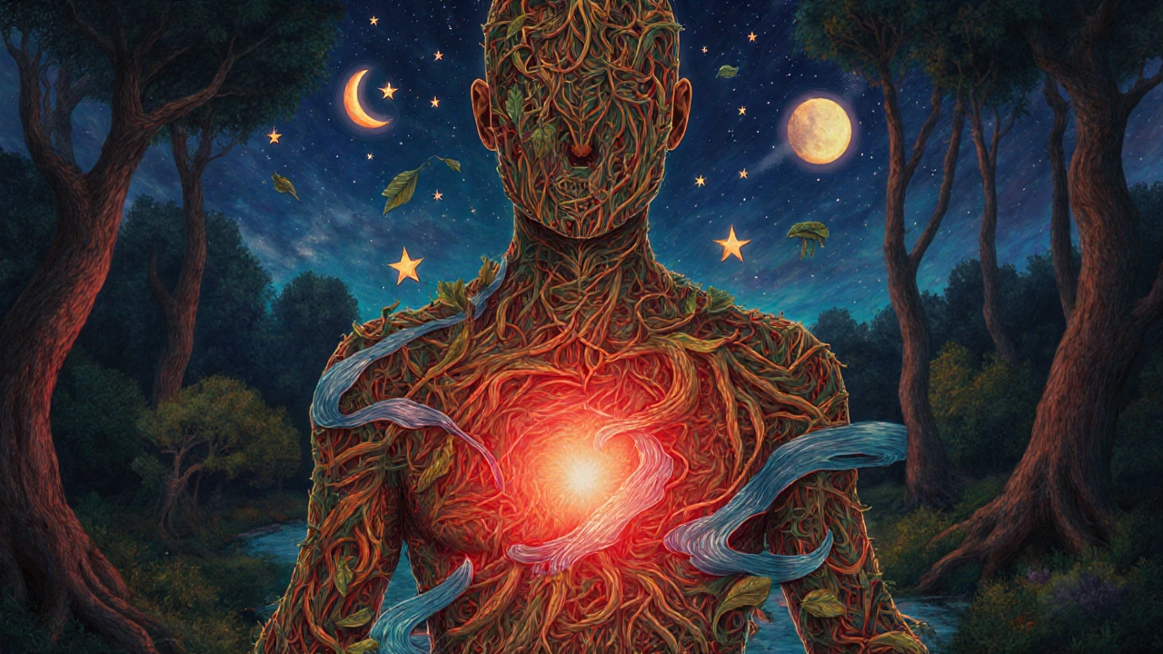 Человек, составленный из корней и листьев, символизирует тепло, движение и покой.