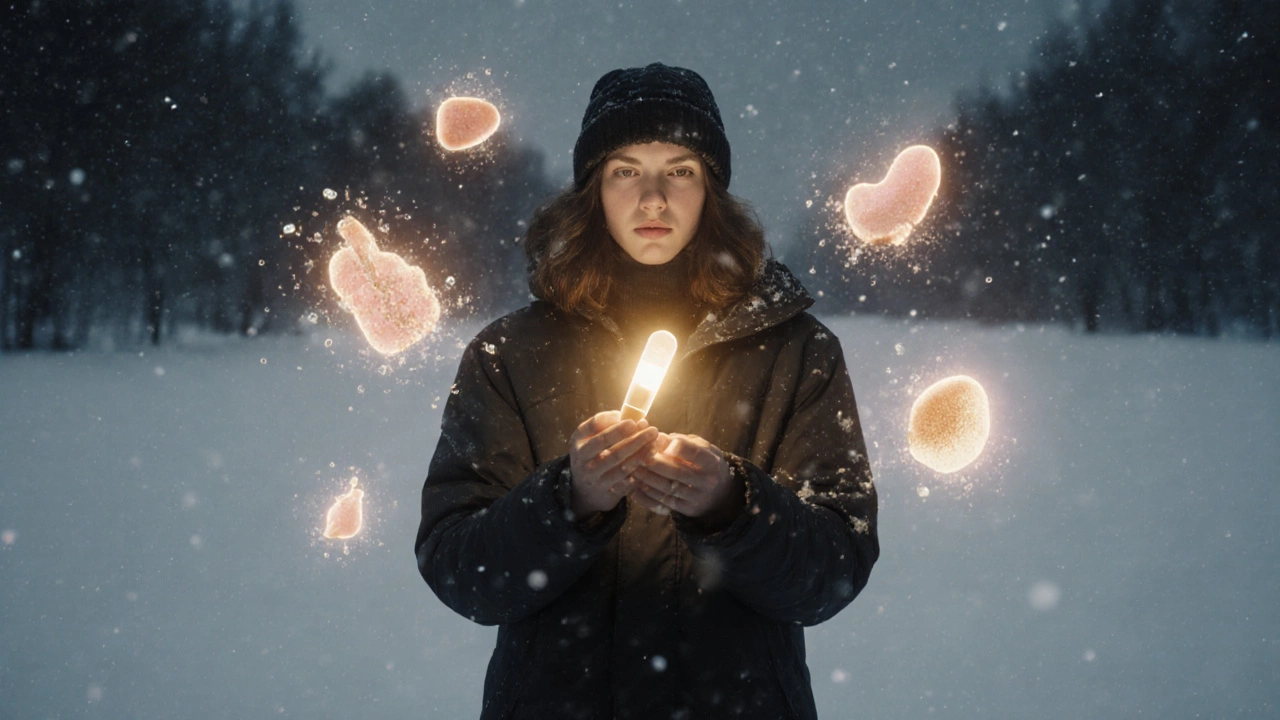 Человек зимой держит капсулу хитозана, вокруг которой рассеиваются токсины, а тело излучает здоровье и баланс.