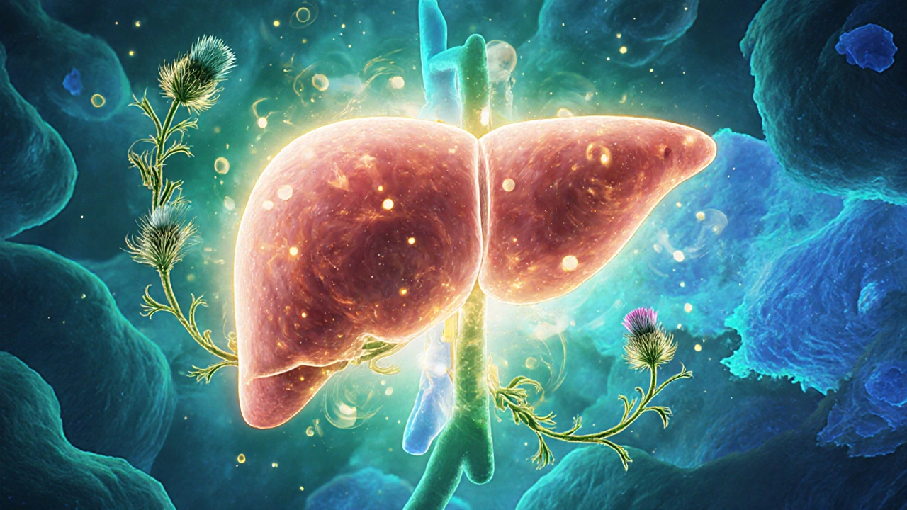 Горящая печень, окруженная молекулами силимарина и регенерирующими клетками кожи.