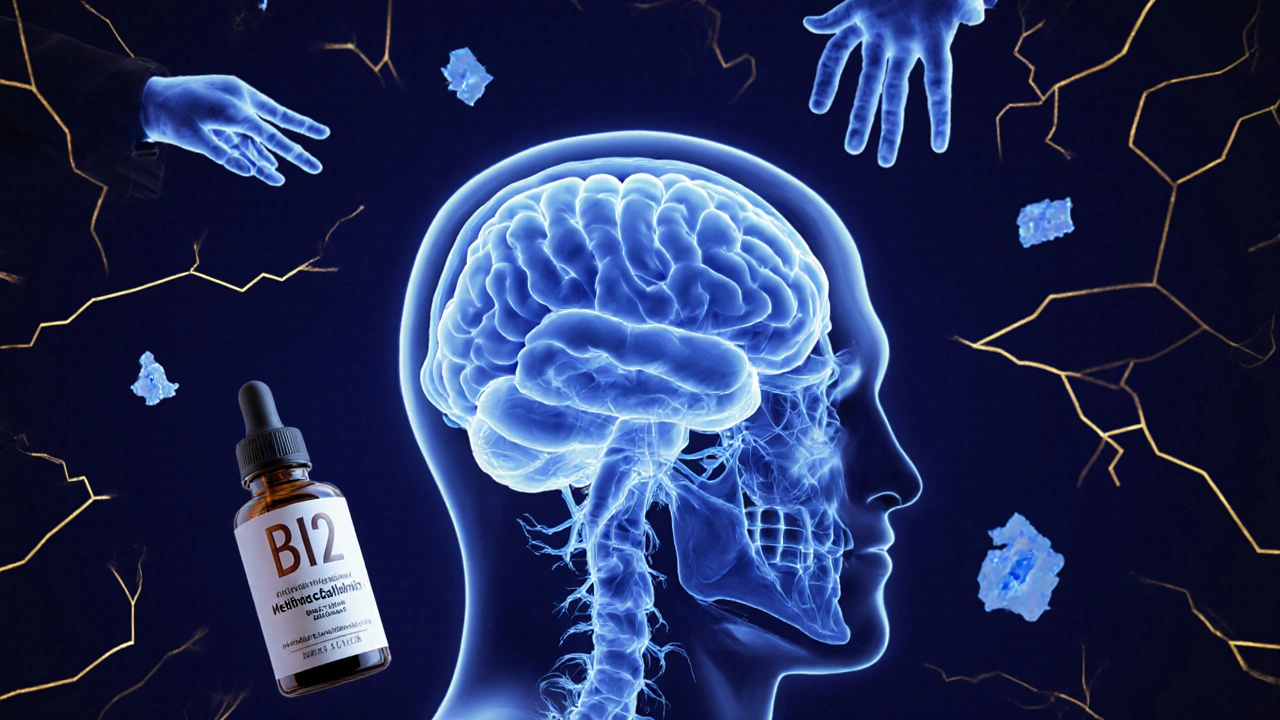 Графическое изображение нервной системы с символами усталости и бутылкой витамина B12.