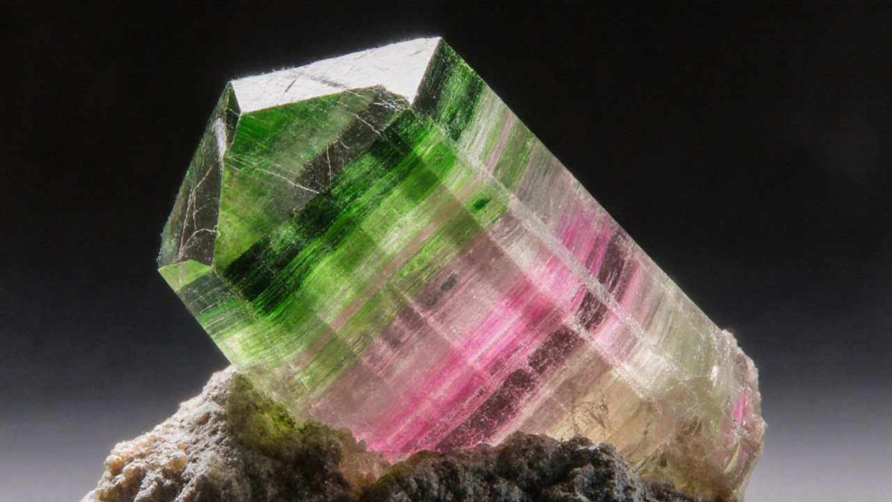 Многоцветный турмалин с зелеными и розовыми полосами, светится изнутри на фоне породы.