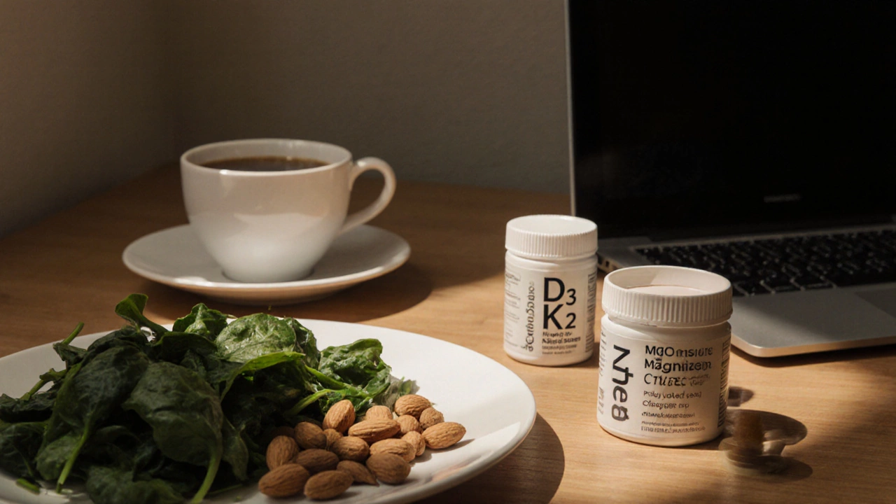 На деревянном столе лежат овощи, орехи и капсулы витаминов D3, K2 и магния под лучом света.