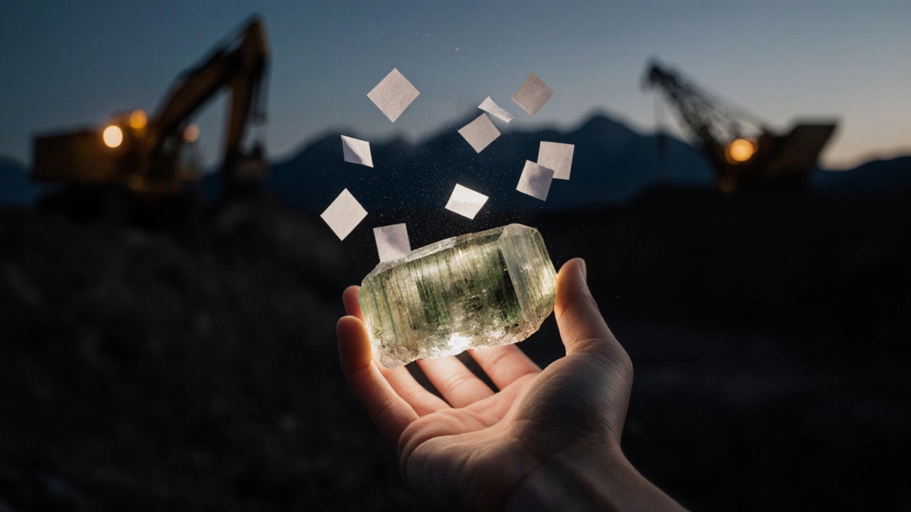 Рука держит браслет из турмалина, к нему притягиваются мелкие кусочки бумаги.