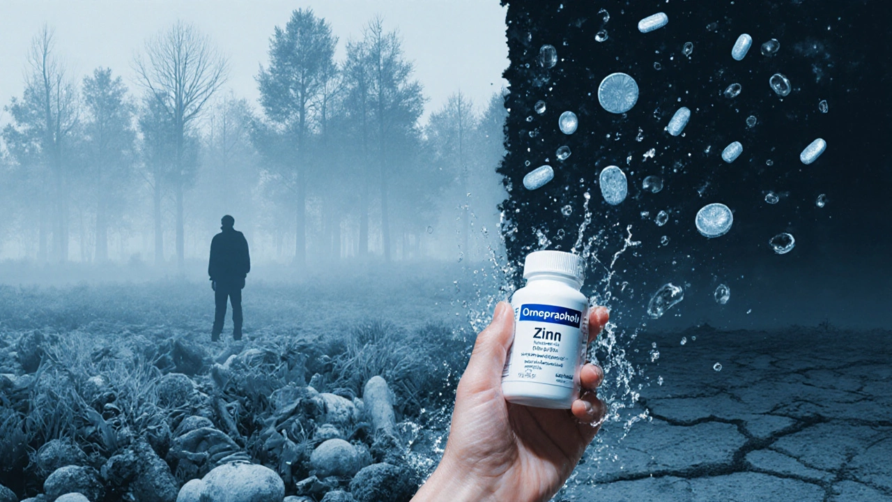 Рука держит таблетку, а ионы цинка уходят из тела через пот и мочу, фон — контраст здоровой и опустошенной среды.