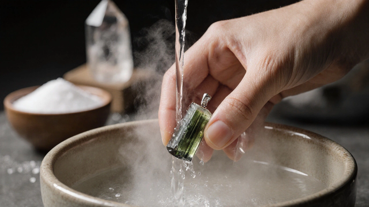 Рука моет турмалиновый кулон тёплой водой, соль и кварц не используются.