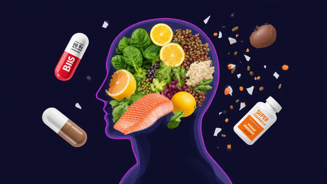 Силуэт человека, наполненный полезными продуктами, а ненужные витаминные таблетки разбиты и падают вниз.