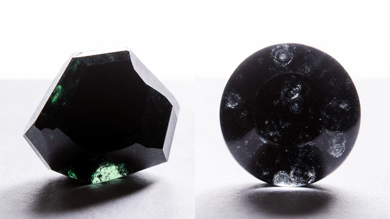 Сравнение натурального турмалина и стекла на просвет: один пропускает тёмный оттенок, другой — пузырьки.