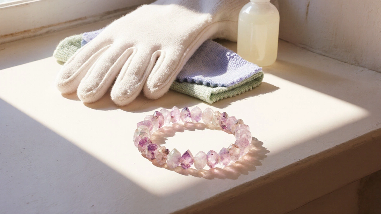 Выцветший розовый браслет из турмалина на подоконнике с тряпкой и мылом рядом.