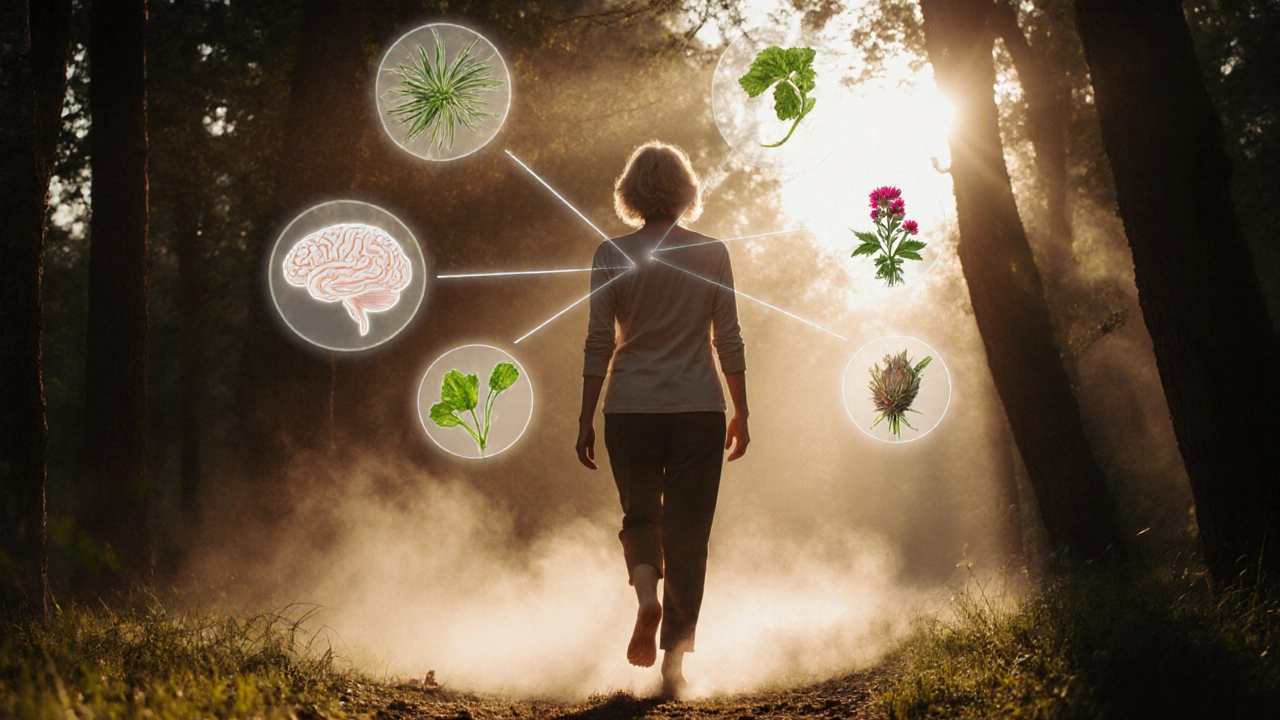 Женщина идёт по лесу, вокруг неё парят пять лекарственных растений, связанных с её телом светом.