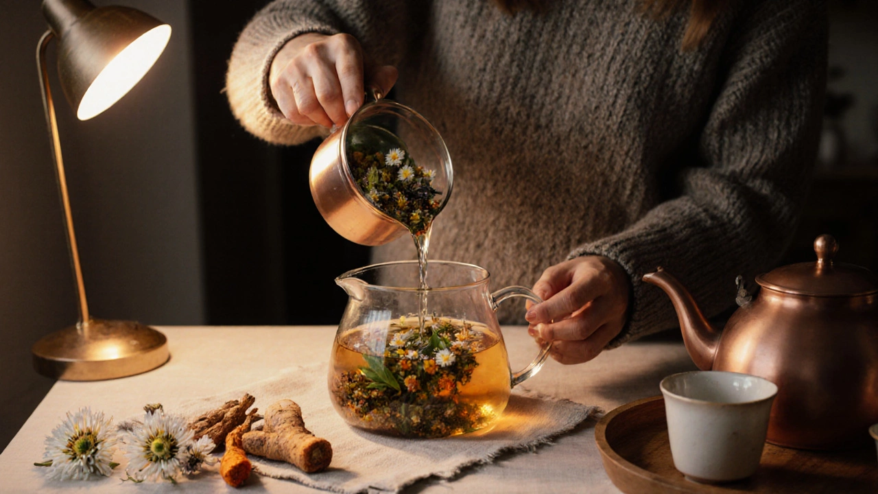 Женщина заваривает травяной чай из пассифлоры и мелиссы в стеклянном чайнике, рядом сухие травы на тканевой салфетке.